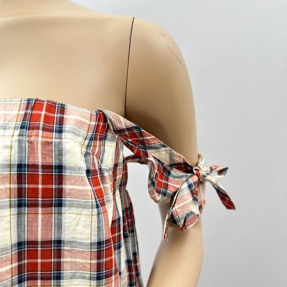 A.P.C. Off-Shoulder Plaid Midi Sheath Dress Bow Tie Details Linen Blend Womens M - Picture 5 of 11